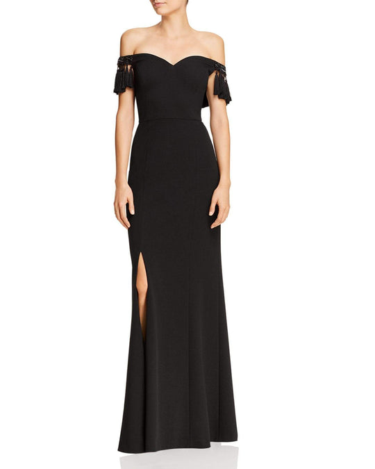 Aidan Mattox - MD1E203104 Off-Shoulder Tassel Sleeves Evening Gown In Black