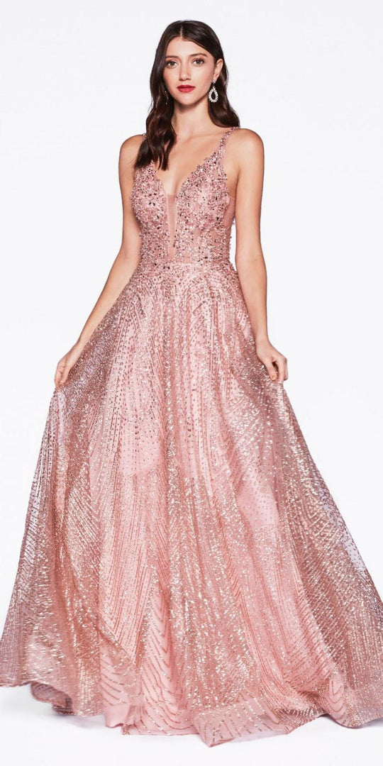 Cinderella Divine - AM258 Embellished Deep V-neck A-line Gown In Pink