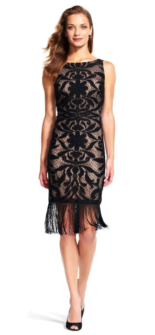 Adrianna Papell - Fringe Hemmed Lace Ornate Dress in Black and Neutral