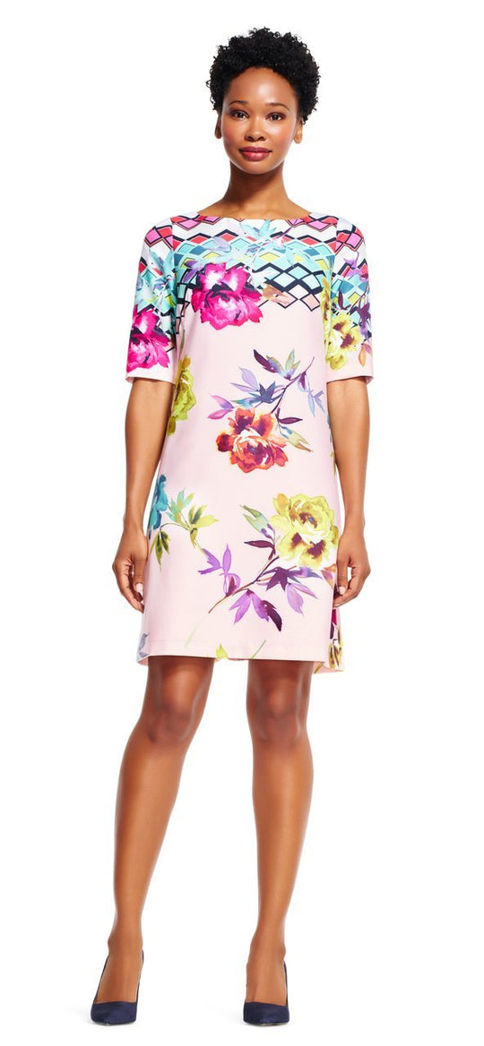 Adrianna Papell - AP1D100799 Printed Bateau Sheath Dress in Pink and Multi-Color