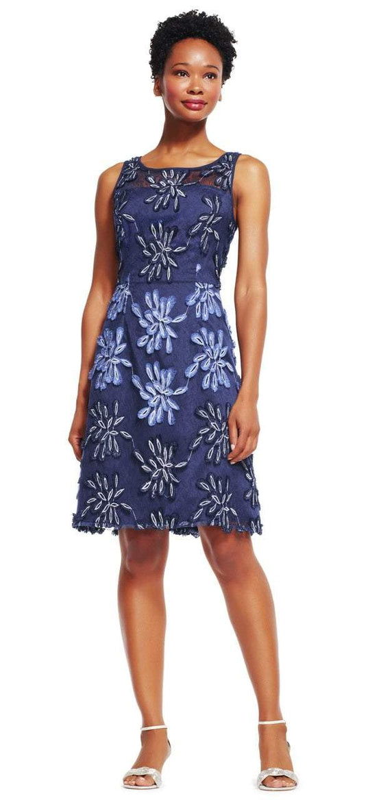 Adrianna Papell - AP1D100846 Embroidered Illusion Bateau A-line Dress in Blue and Multi-Color