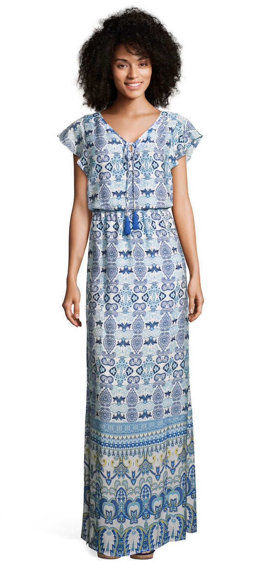 Adrianna Papell - AP1D101094 Flutter Sleeve Paisley Print Tassel Dress In Blue and Print