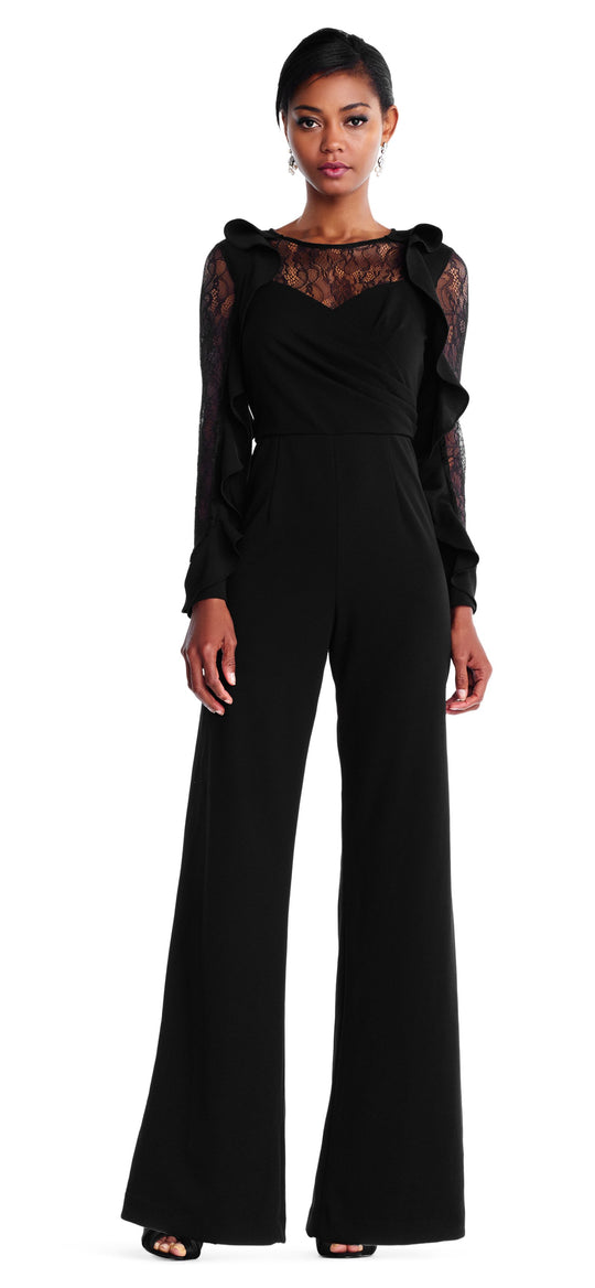 Adrianna Papell - AP1D101627 Ruffled Lace Long Sleeves Jumpsuit In Black