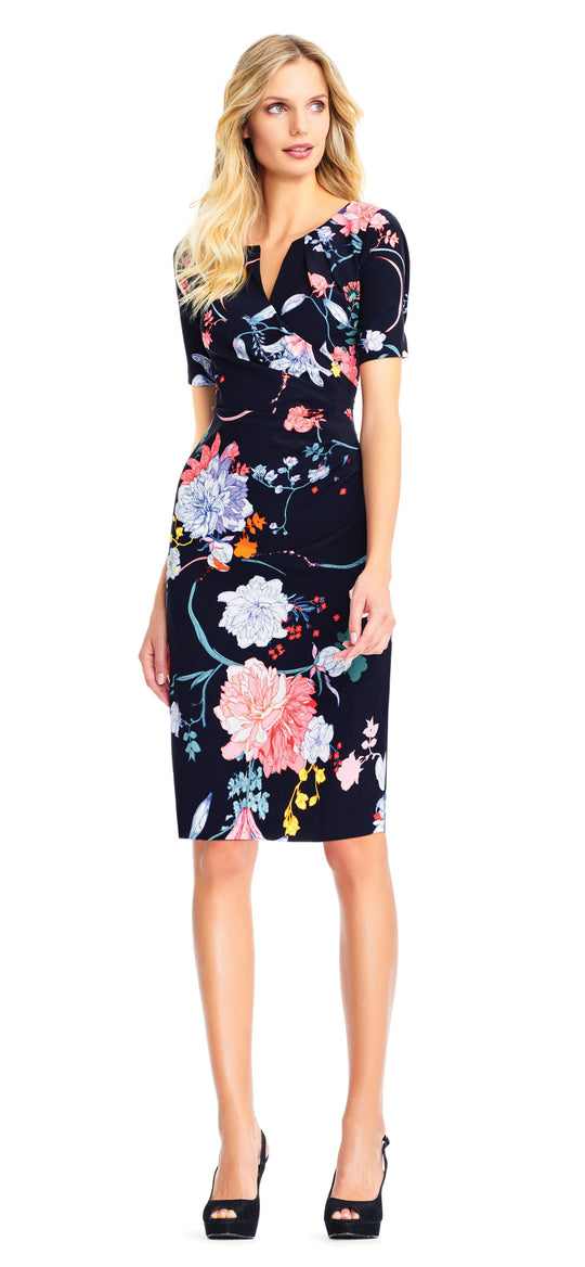 Adrianna Papell - AP1D101952 Floral Short Sleeves Cocktail Dress In Black and Multi-Color