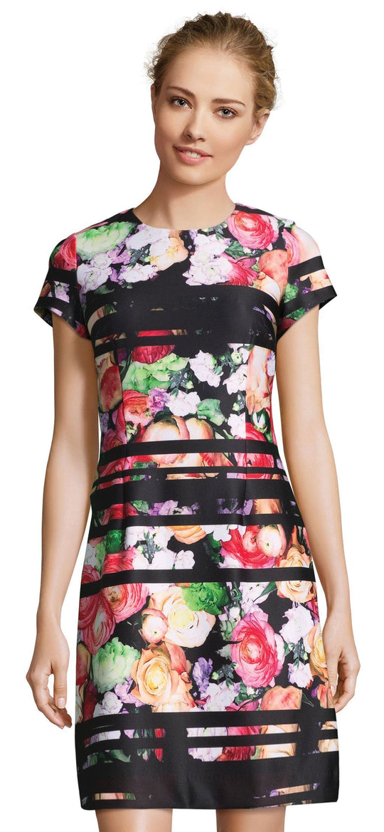 Adrianna Papell - AP1D101955 Floral Striped Jewel Cocktail Dress In Black and Multi-Color