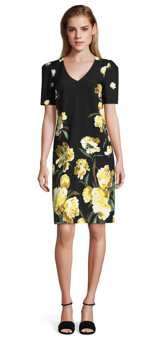 Adrianna Papell - AP1D102017 Floral V-Neck Cocktail Dress In Black and Multi-Color