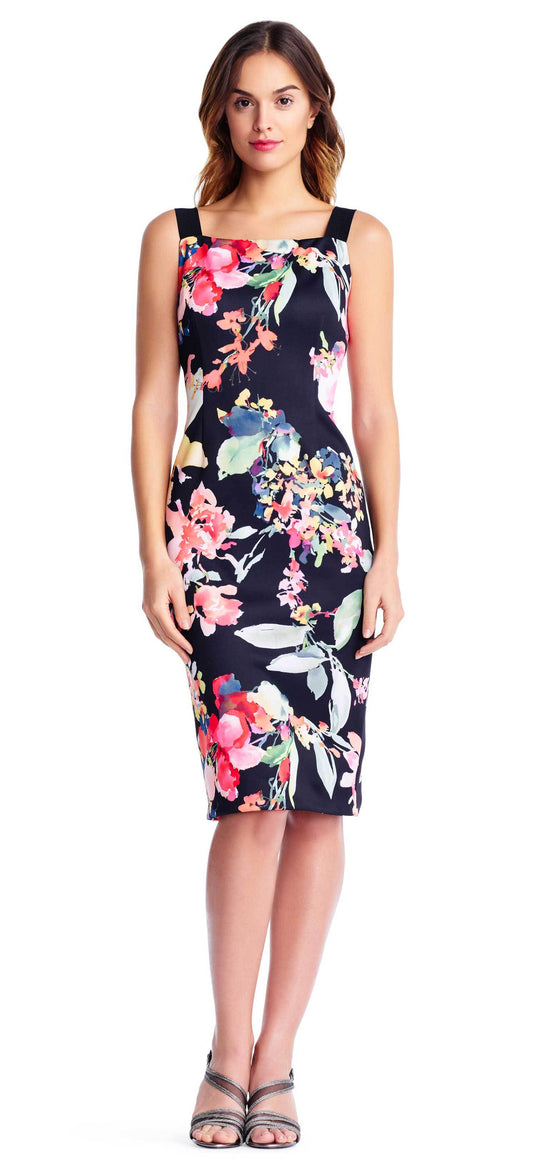 Adrianna Papell - AP1D102314 Floral Straight Across Cocktail Dress In Black and Multi-Color