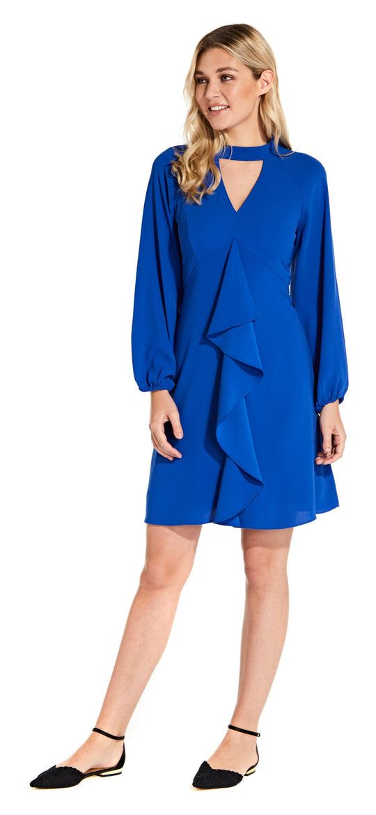 Adrianna Papell - AP1D103006 Ruffled Jewel Long Sleeves Cocktail Dress In Blue