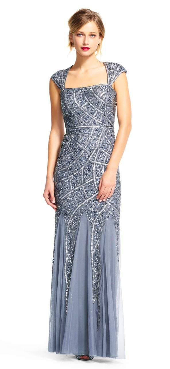 Adrianna Papell - AP1E200206 Bedazzled Queen Anne Sheath Dress in Gray and Silver