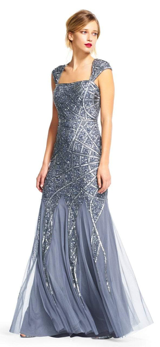 Adrianna Papell - AP1E200206 Bedazzled Queen Anne Sheath Dress in Gray and Silver