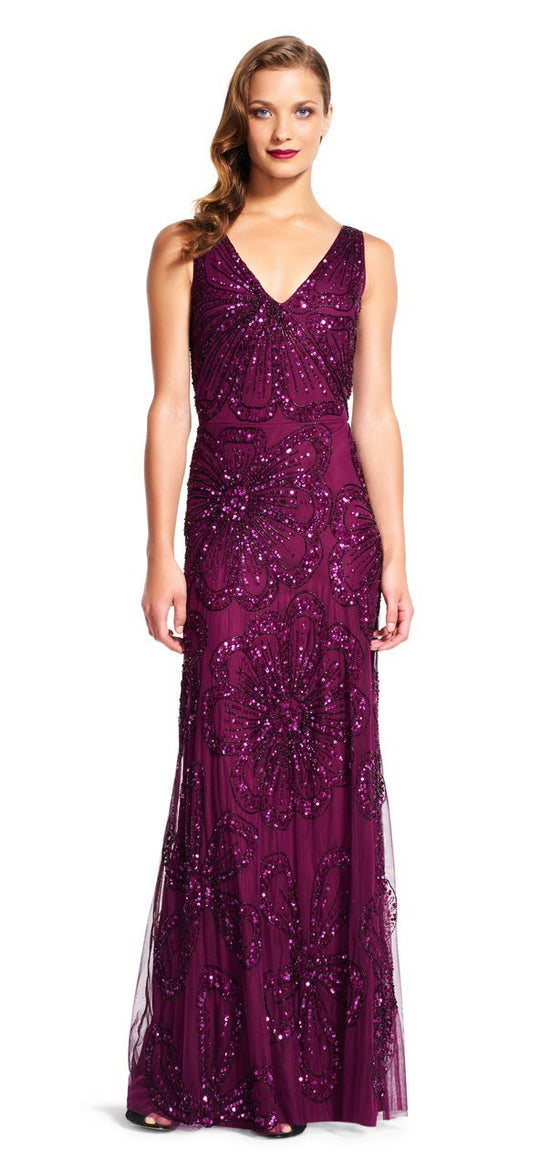 Adrianna Papell - AP1E200209 Sleeveless Beaded Floral Evening Gown in Purple