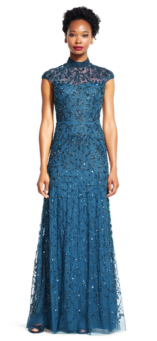 Adrianna Papell - AP1E200213 Bedazzled High Neck A-line Dress In Green