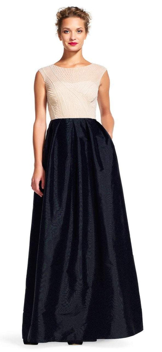 Adrianna Papell - AP1E200504 Two Toned Pearl Beaded Taffeta Gown  in Black and Neutral