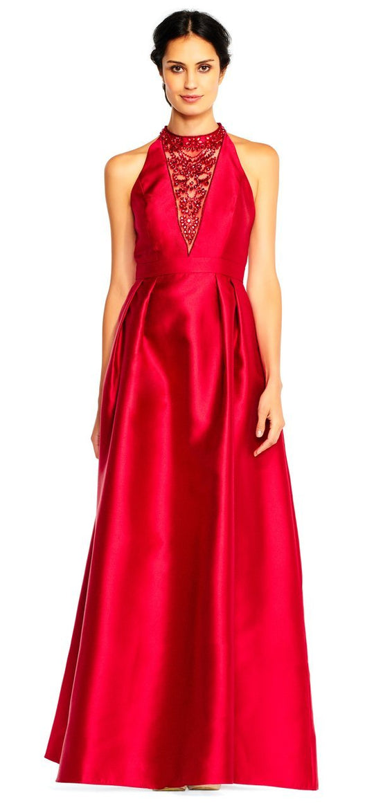 Adrianna Papell - AP1E200593 Bejeweled Front Halter Mikado A-line Gown in Red