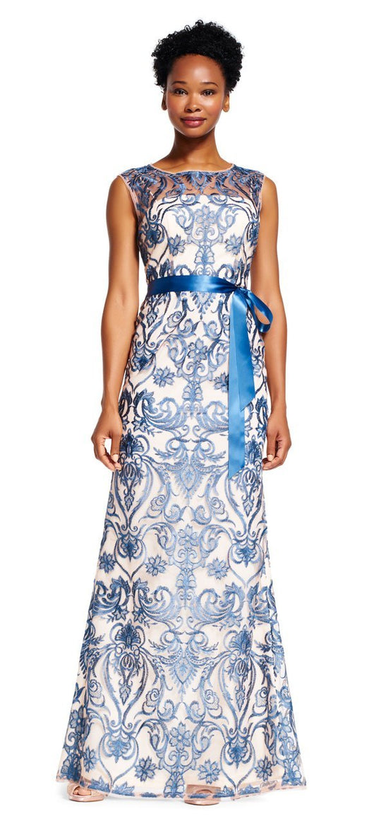Adrianna Papell - AP1E200785 Embroidered Jewel Sheath Dress in Blue and Neutral