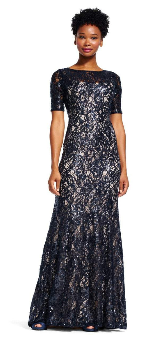 Adrianna Papell - AP1E201137 Sequined Lace Sheath Dress in Blue and Neutral