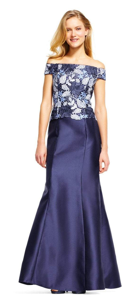 Adrianna Papell - AP1E201247 Off Shoulder Guipure Lace Mikado Gown  in Blue