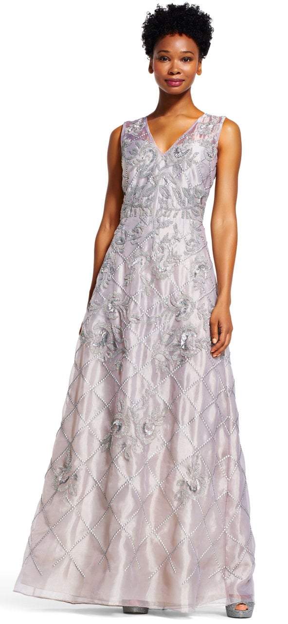 Adrianna Papell - AP1E201287 Beaded V-neck A-line Dress in Gray