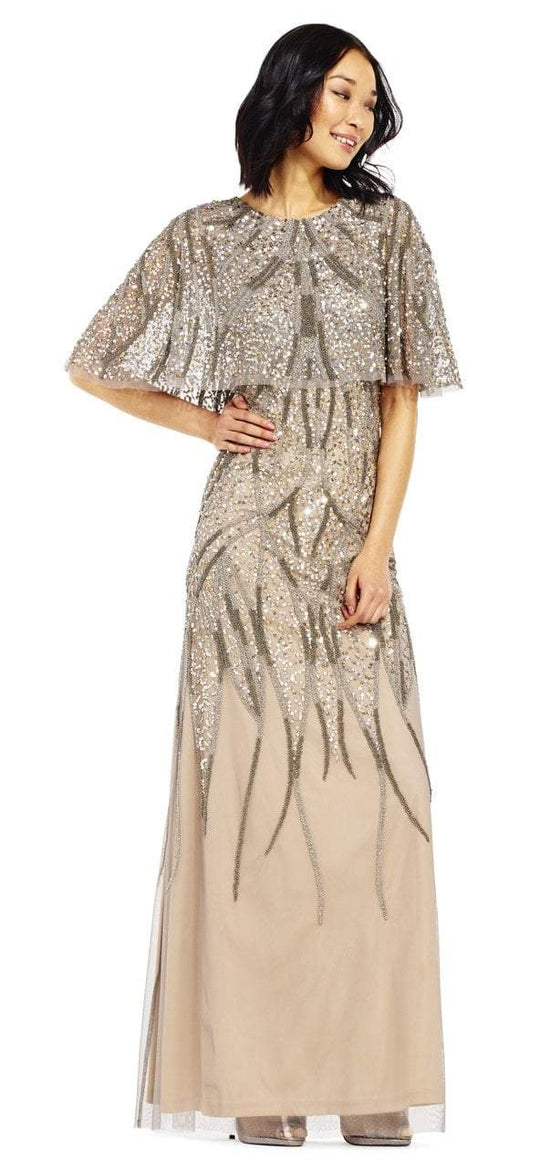 Adrianna Papell - AP1E201300 Beaded Cape Sheath Dress in Silver