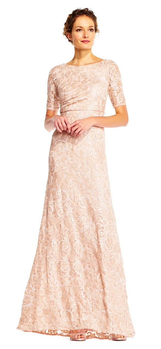 Adrianna Papell - Sequin Lace Embroidered Swirl Mesh Dress AP1E201418 in Neutral