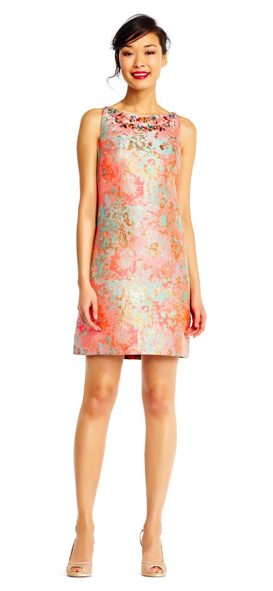 Adrianna Papell Multi-Colored Jacquard Column Dress AP1E201459 in Pink and Multi-Color