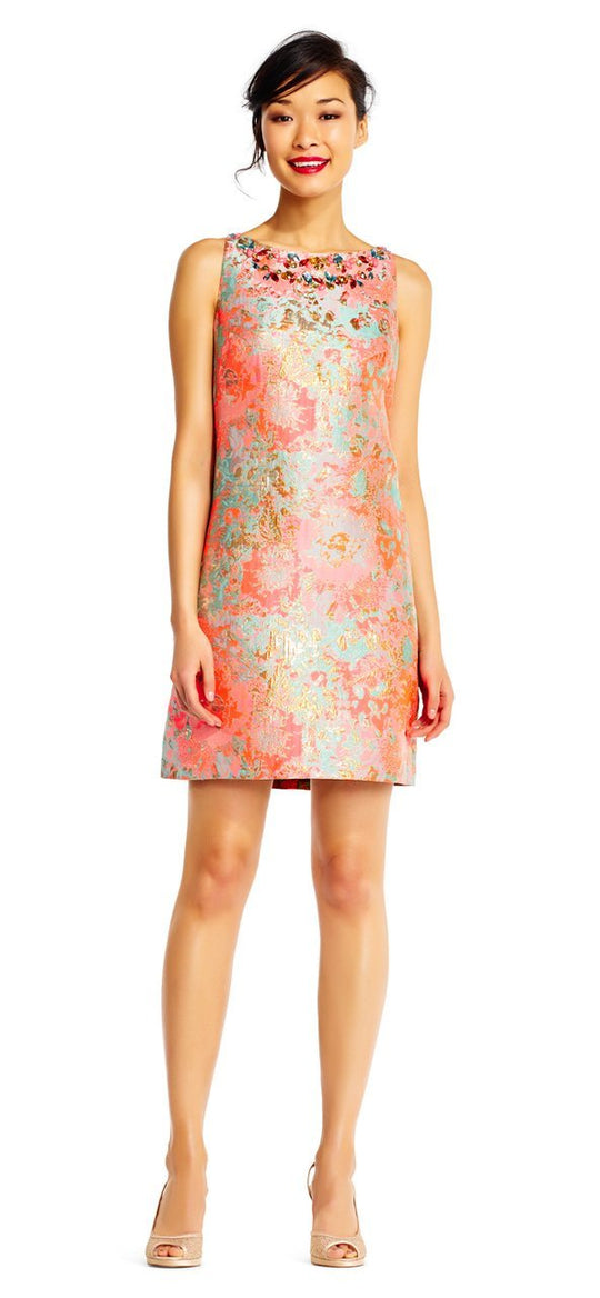 Adrianna Papell - AP1E201459 Multi-Colored Jacquard Column Dress in Pink and Multi-Color