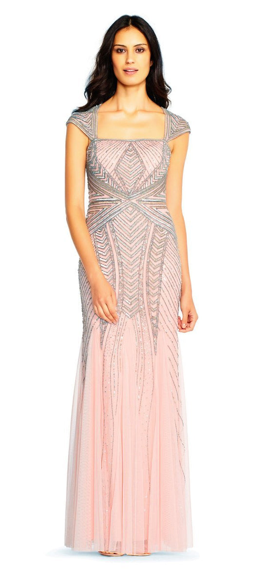Adrianna Papell - AP1E201746 Cap Sleeves Beaded Trumpet Gown in Pink