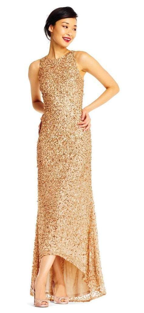 Adrianna Papell - High Low Sequin Beaded Sleeveless Gown AP1E201754 In Neutral and Gold