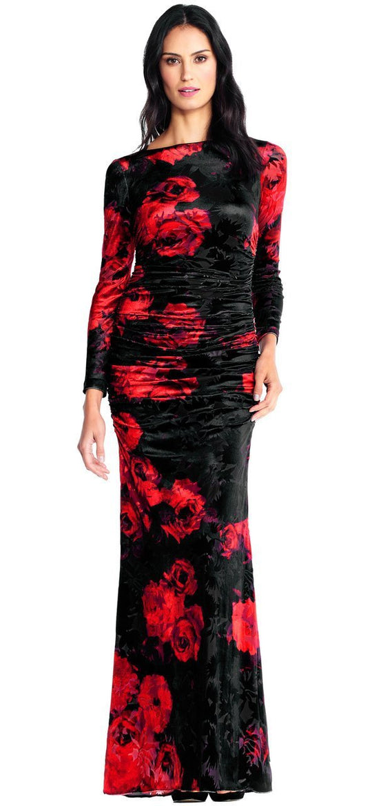 Adrianna Papell - AP1E202189 Long Sleeves Floral Velvet Gown in Black and Multi-Color