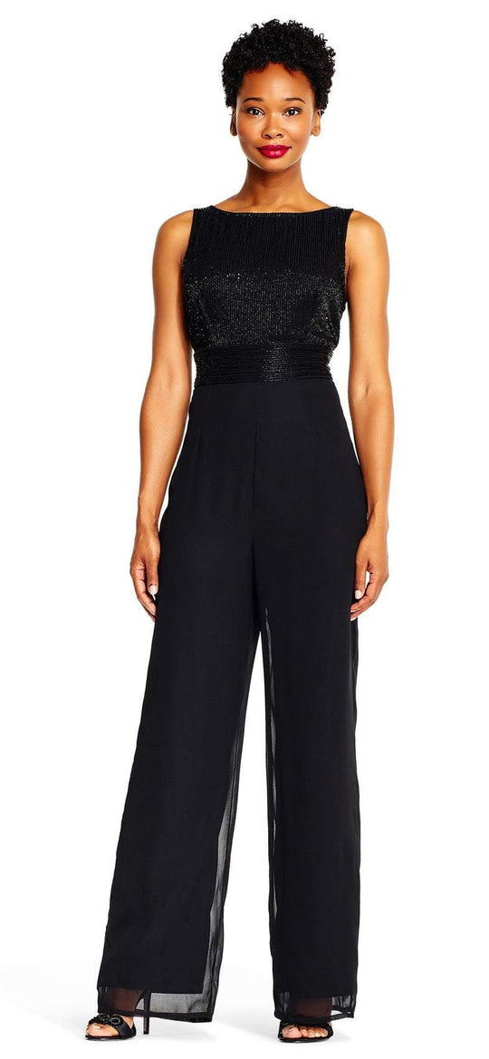 Adrianna Papell - AP1E202207 Beaded Sleeveless Bateau Jumpsuit In Black