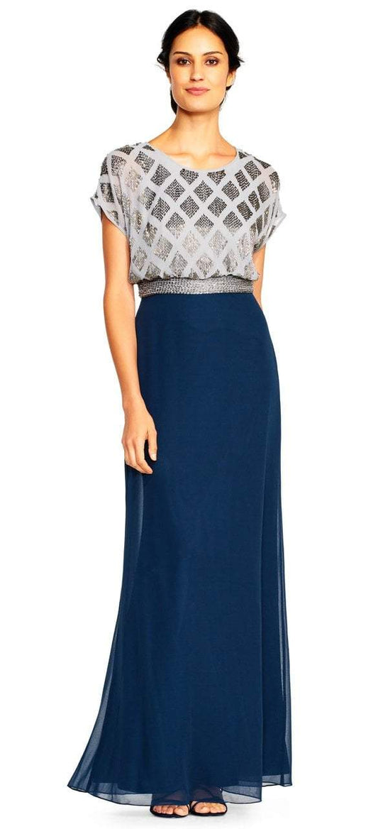 Adrianna Papell - AP1E202209 Beaded Blouson A-line Gown in Silver and Blue