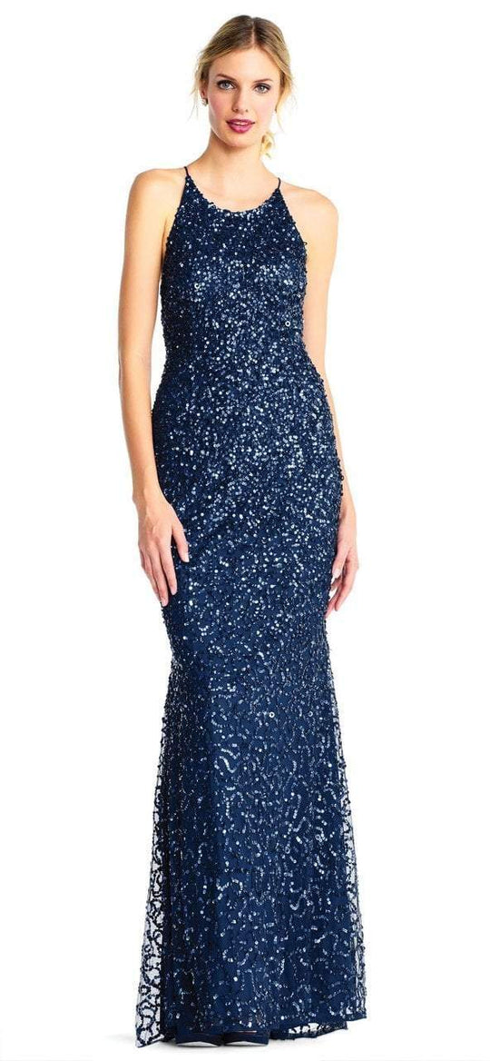 Adrianna Papell - Cross-Stringed Back Sequined Halter Gown AP1E202438 In Blue