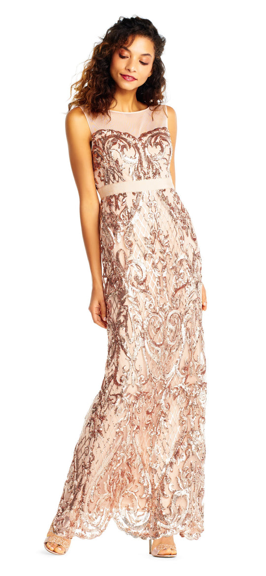 Adrianna Papell - AP1E202469 Fully Sequined Illusion Bateau Dress In Pink
