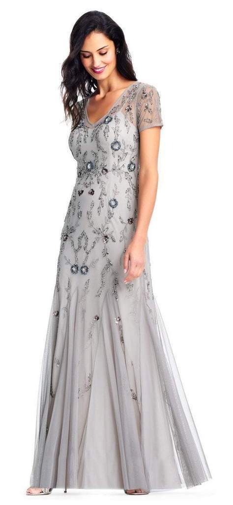 Adrianna Papell Short Sleeves Floral Beaded Godet Trumpet Gown AP1E202853 In Silver