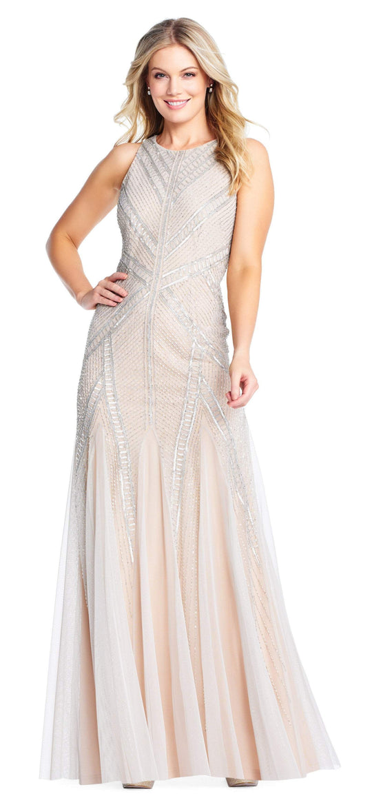 Adrianna Papell - AP1E202951 Sequined Jewel Trumpet Dress In Silver and Neutral
