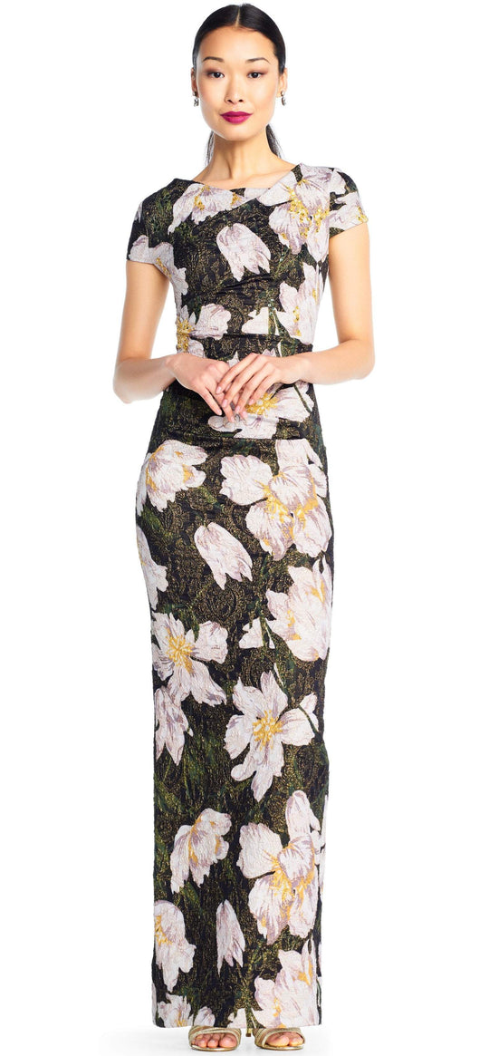 Adrianna Papell - AP1E203398 Floral Patterned Bateau Sheath Dress In White and Black