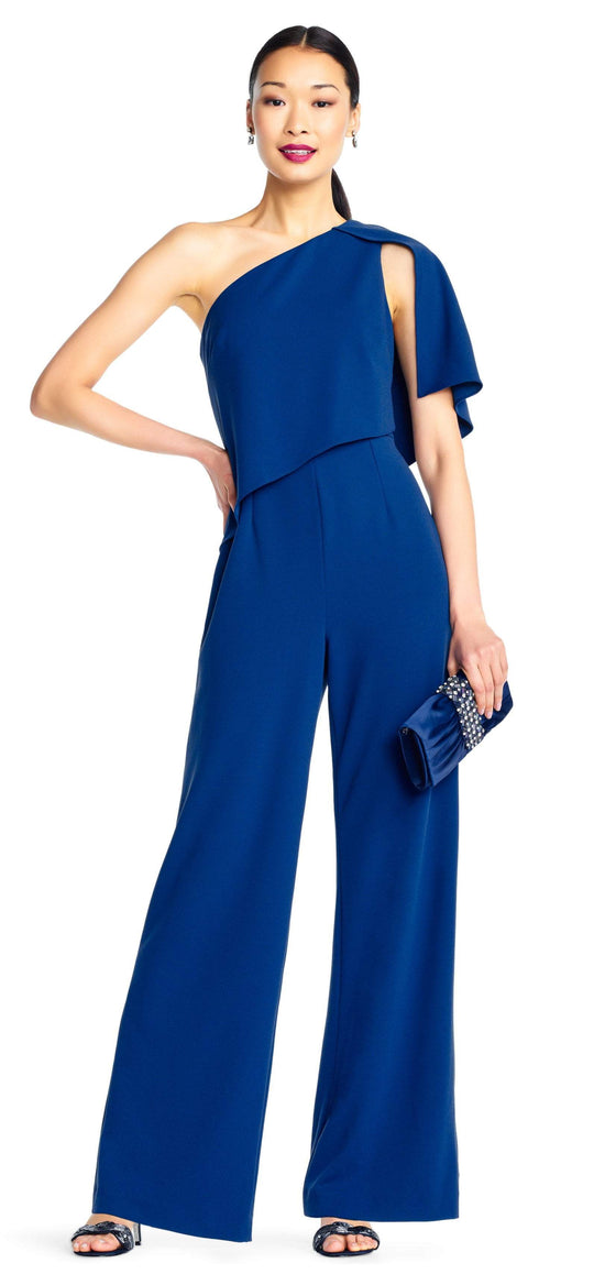 Adrianna Papell - AP1E203538 One Shoulder Solid Knit Crepe Jumpsuit In Blue