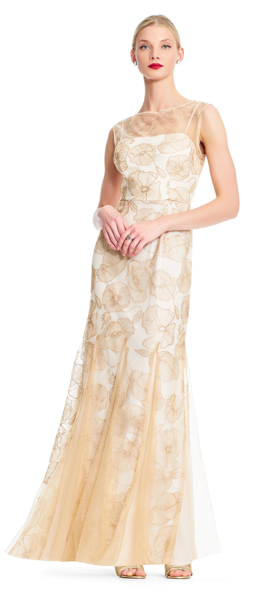 Adrianna Papell - AP1E203566 Floral Sheer Bateau Trumpet Dress In Gold