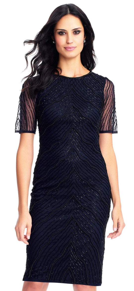 Adrianna Papell - AP1E203630 Embellished Jewel Neck Sheath Dress In Blue and Black