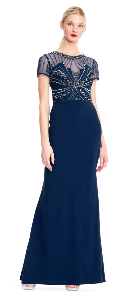 Adrianna Papell - AP1E203646 Beaded Sheer Short Sleeve Trumpet Dress In Blue