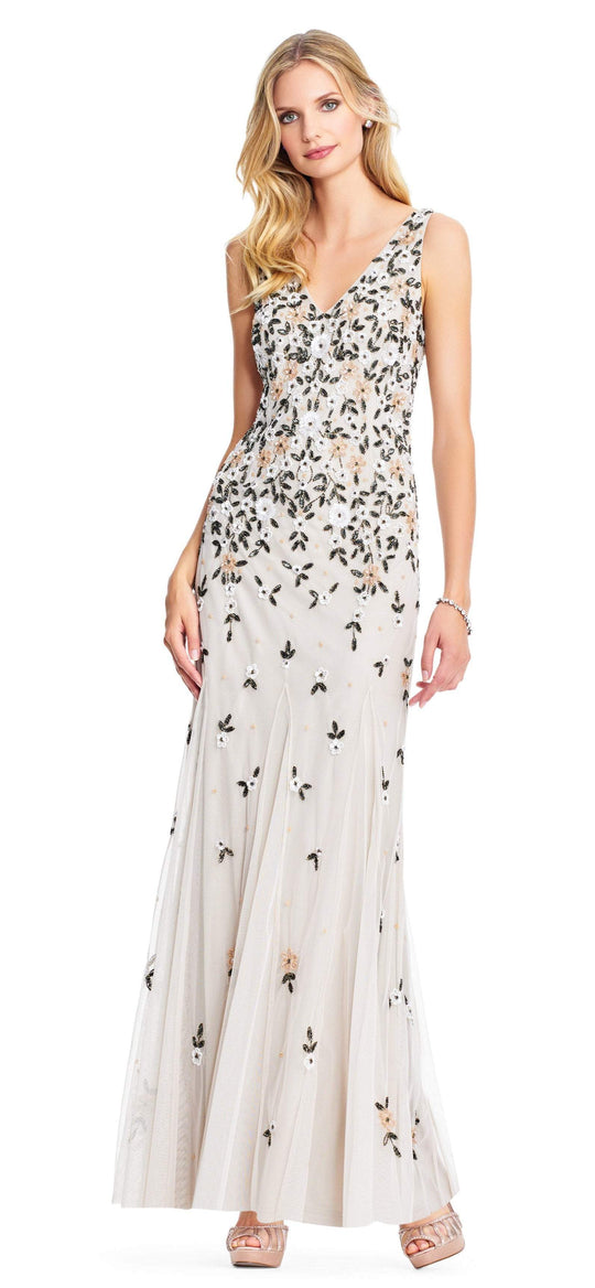 Adrianna Papell - AP1E203692 Beaded and Floral Applique Trumpet Dress In Neutral and Multi-Color