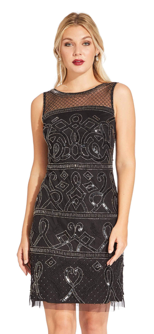 Adrianna Papell - AP1E203952 Beaded Illusion Sheath Cocktail Dress In Black