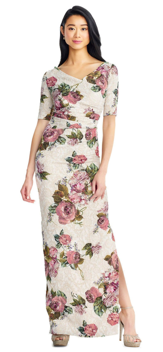 Adrianna Papell - AP1E204019 Floral Jacquard Dress with Slit In Neutral and Multi-Color