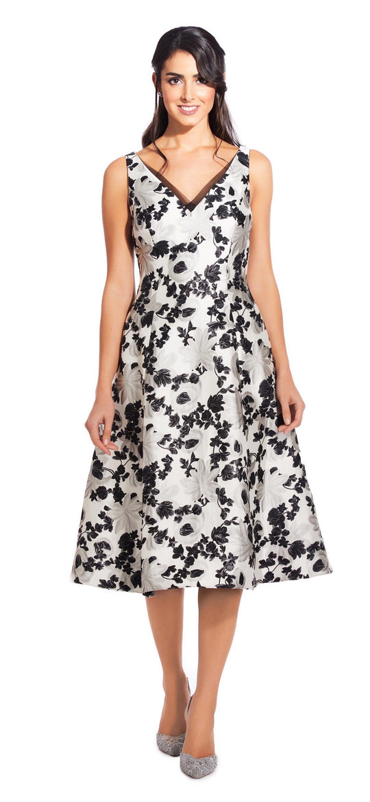 Adrianna Papell - AP1E204997 Floral Metallic V-Neck Dress In White and Black