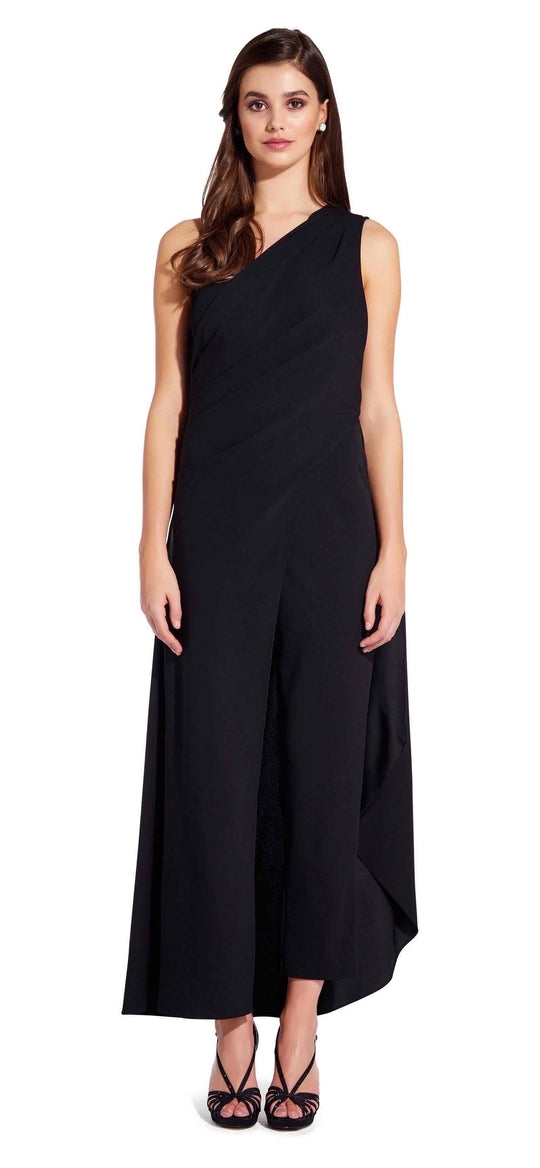 Adrianna Papell - AP1E205232 One Shoulder Crepe Jumpsuit With Cape In Black