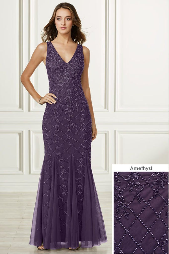 Adrianna Papell - 40184 Beaded V-Neck Godets Trumpet Dress In Purple