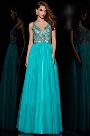 Angela & Alison - 951015 V-Neck Sleeveless Beaded Evening Gown In Blue
