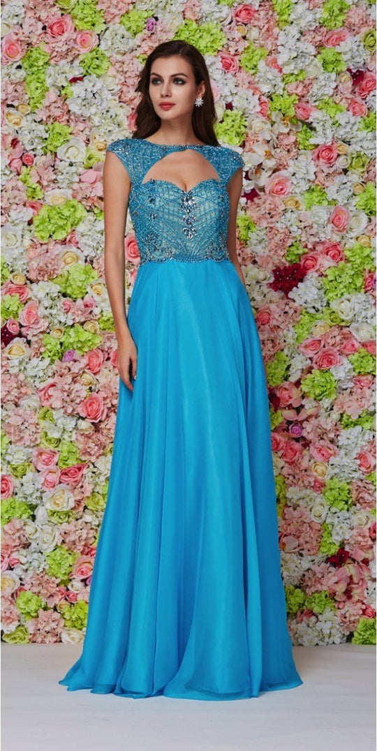 Angela and Alison Keyhole Cutout Sweetheart Embellished A-Line Gown in Blue