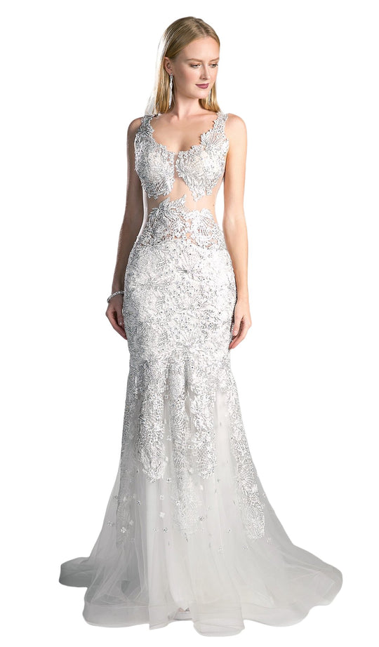 Cinderella Divine - 5232 Floral Applique Scoop Neck Trumpet Dress In White