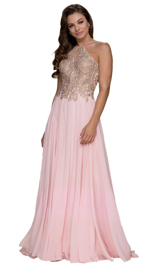 Gilded Lace Cutout Halter Chiffon Evening Gown